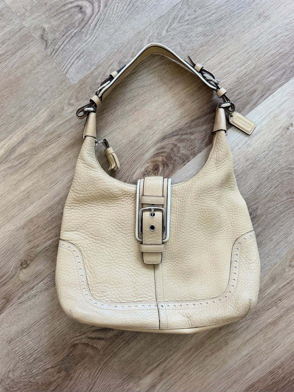 Coach Beige Leather Hobo Bag with Buckle Detail